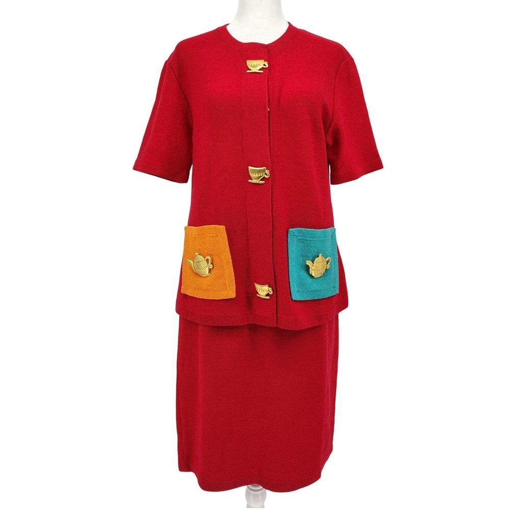Vintage Steve Fabrikant Neiman‎ Marcus Red Wool Cardigan Skirt Set SMALL Retro